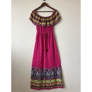 Flying Tomato Boho Off Shoulder Dress M Pink Paisley Border Festival